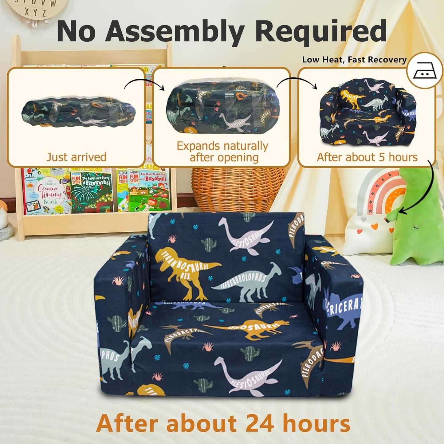 Kids Couch, 2-in-1 Kids Fold Out Couch, Convertible Kid Sofa to Lounger for Girls and Boys, Soft Toddler Chairs Comfy 1-3 Years Old (Dinosaur)
