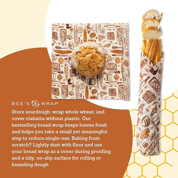 Bee's Wrap Beeswax Wraps for Food - Bread Wrap - Made in USA Reusable Bread Storage Bags - Organic & Eco-Friendly Alternative to Aluminum Foil, Sourdough Bags & Plastic Wrap, Bakery Lane