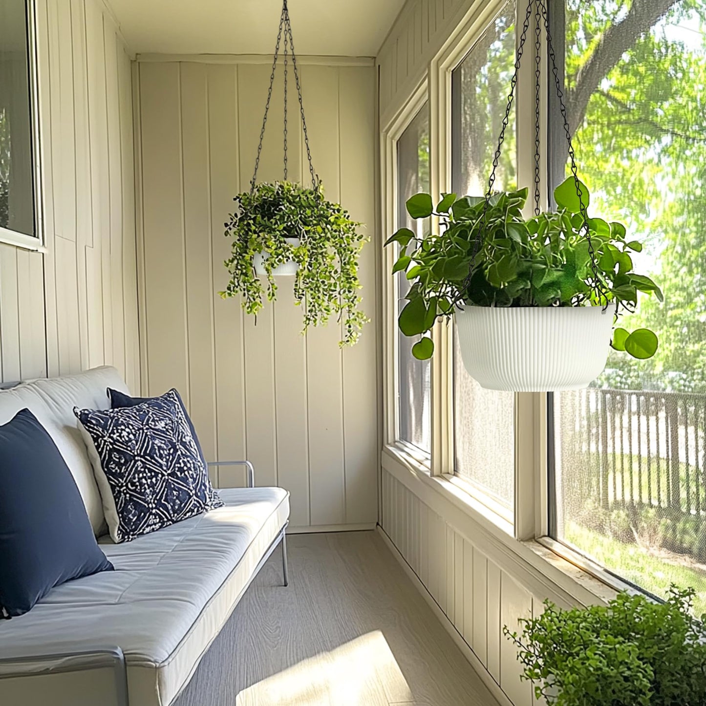 T4U 12 Inch Large Hanging Planters for Indoor Plants, 2 Pack Self Watering Pots Indoor, Hanging Baskets for Plants,Hanging Flower Pot with Drainage Hole and Plant Hanger, White