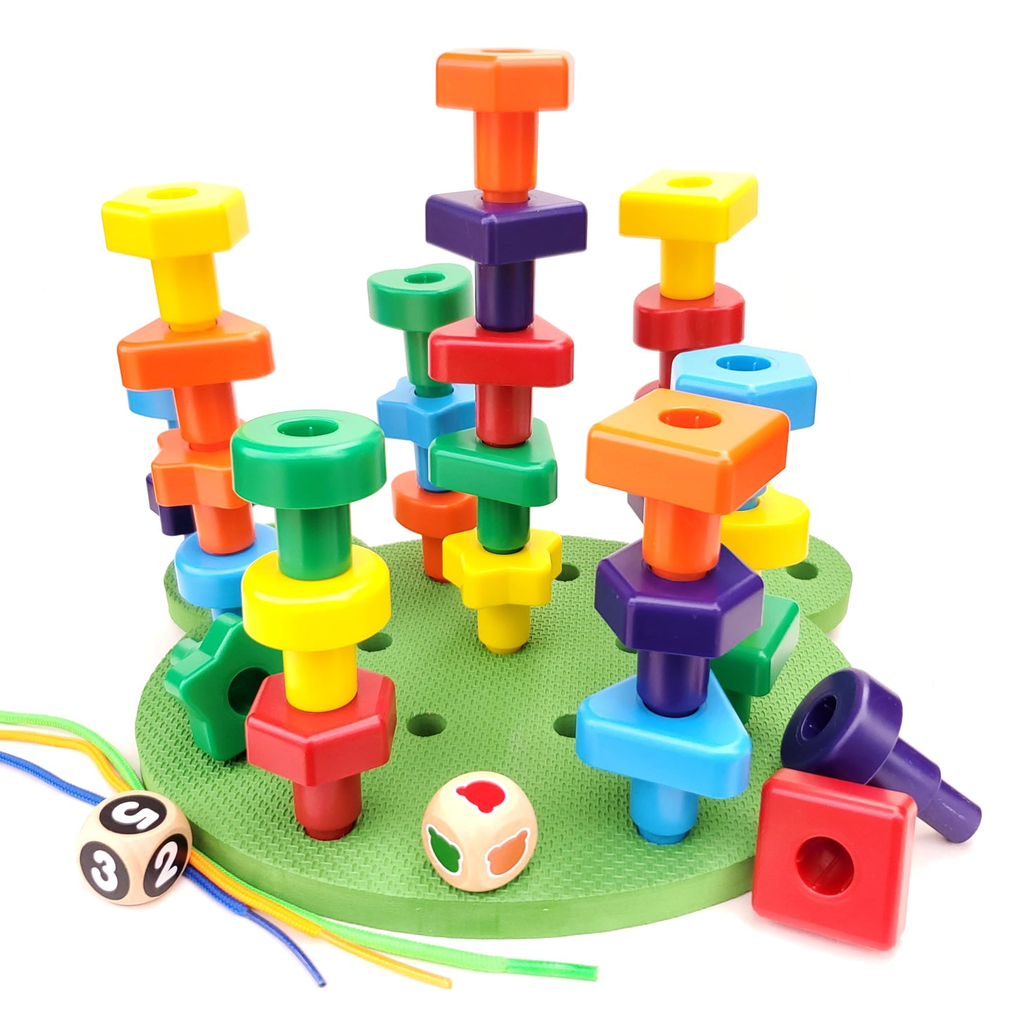 Jumbo Stacking Shapes Pegboard Set for Kids with 18 Pegs, 2 Wooden Dice, Lacing String & Storage Box (Standard Rainbow Colors)