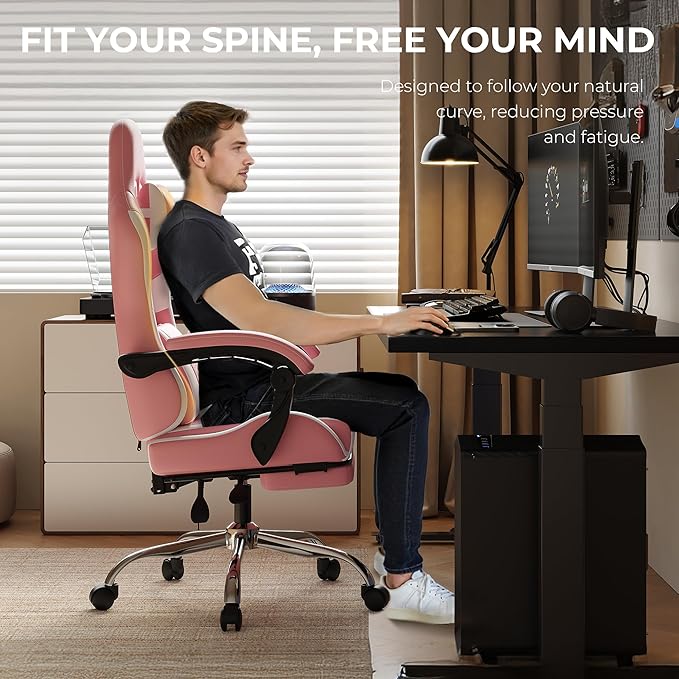 Ergonomic Gaming Chair with Footrest, Heavy Duty 330lbs Office Chair, Massage Lumbar Support, Adjustable Height & Headrest Pillow, Comfortable for Back Pain Relief, Streaming, Long Gaming, Rose