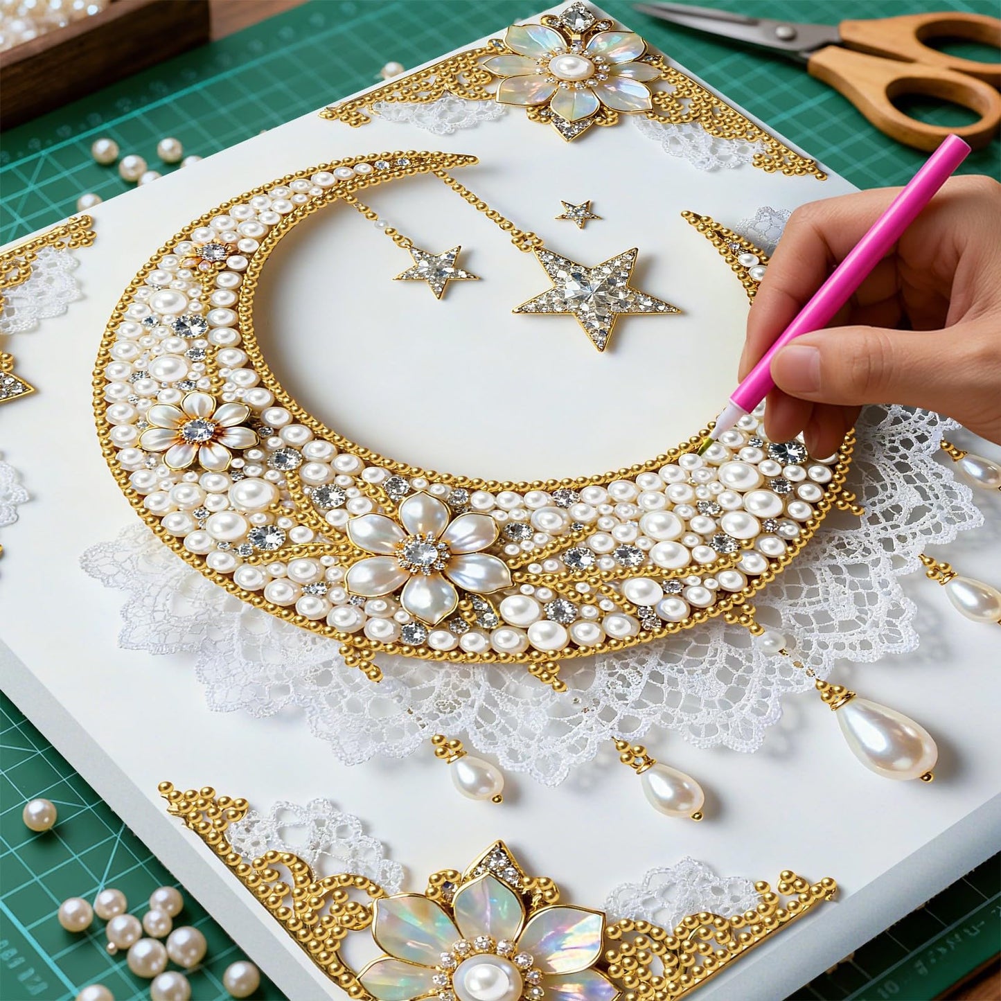yzARTche Diamond Art Pearl Painting Kit, DIY Pearl Art Painting with White Frame, Handmade Gem Dot Picture Craft for Home Wall Decor Present Set-04-Moon