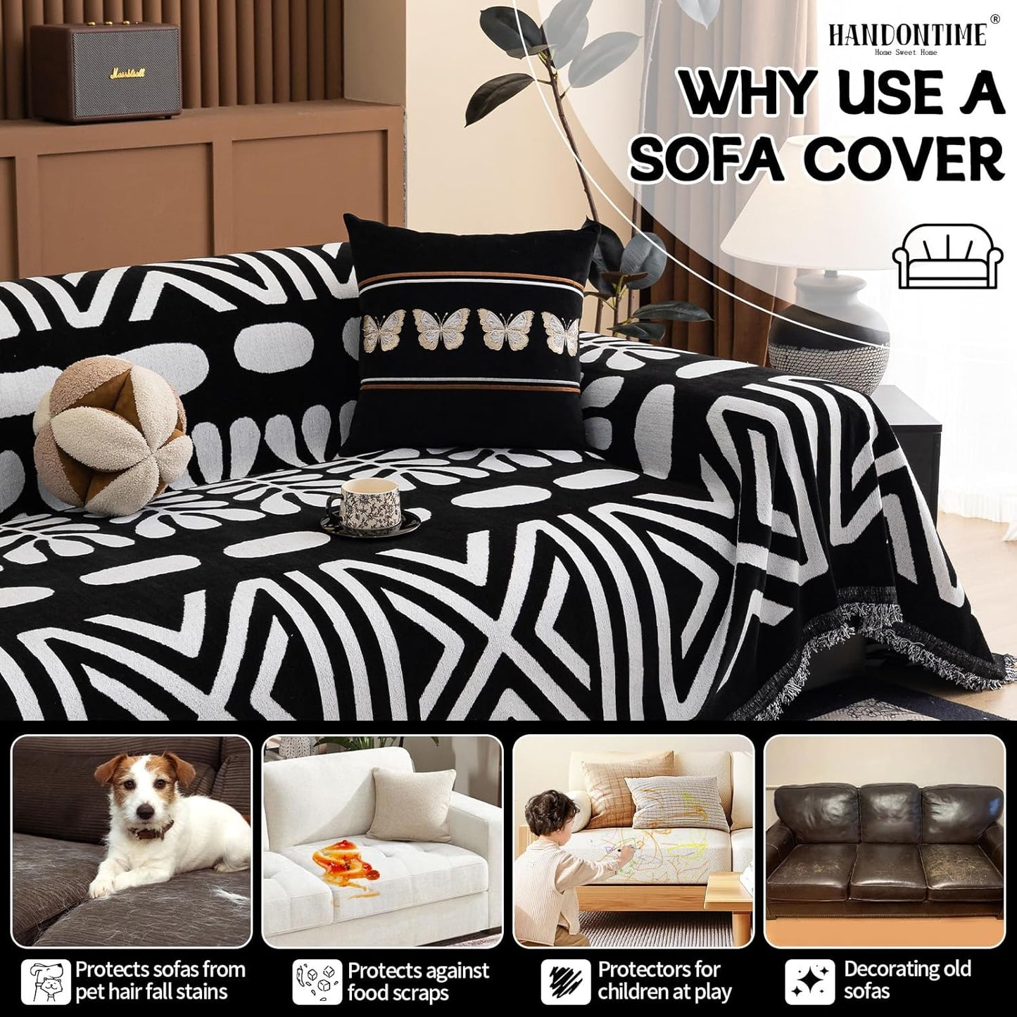 HANDONTIME Boho Couch Cover Blanket Geometric Striped Pet Covers for Couches and Sofas Black and White Dog Cover for Couch Pet Friendly Chenille Sectional Sofa Covers for Pets Washable, 71" X 150"