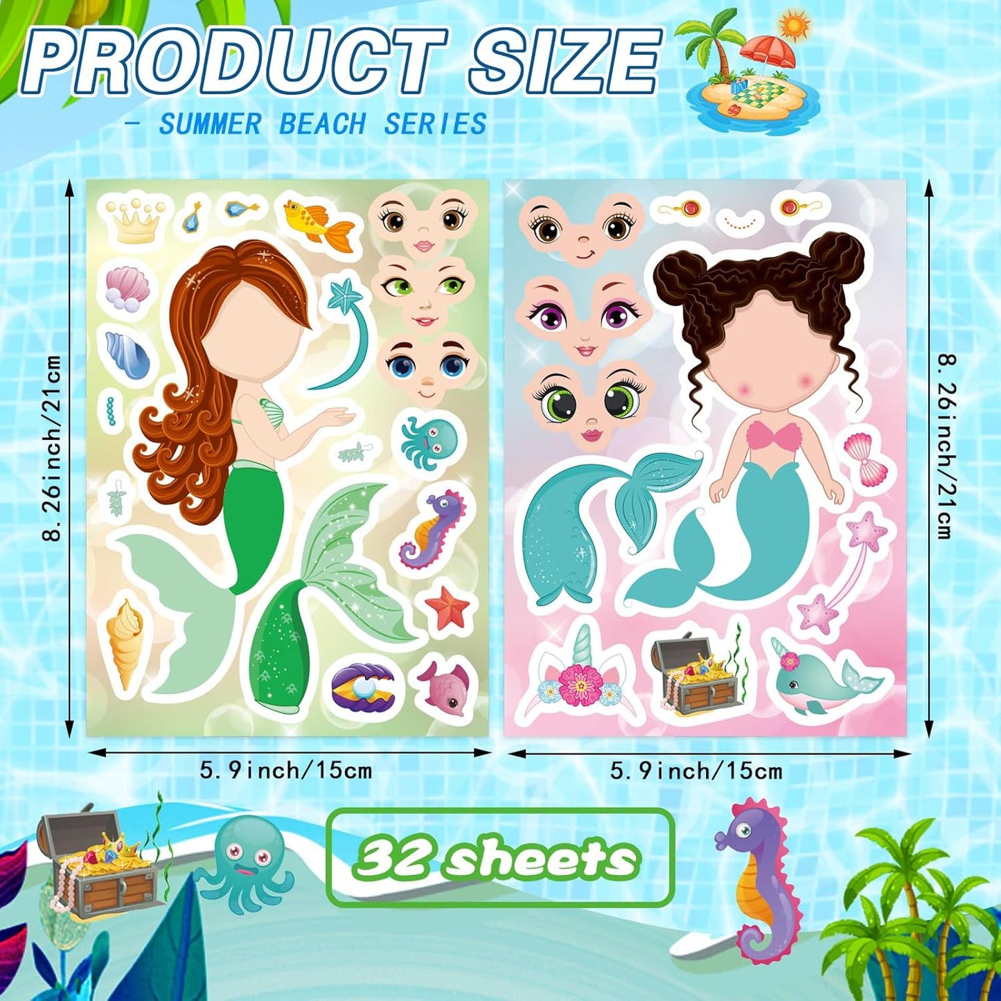 32 Sheets Mermaid Stickers for Kids, Make Your Own Sticker, Mermaid Make a Face Stickers for Kids Party Favors, Classroom Teacher Rewards, Art Craft Supplies