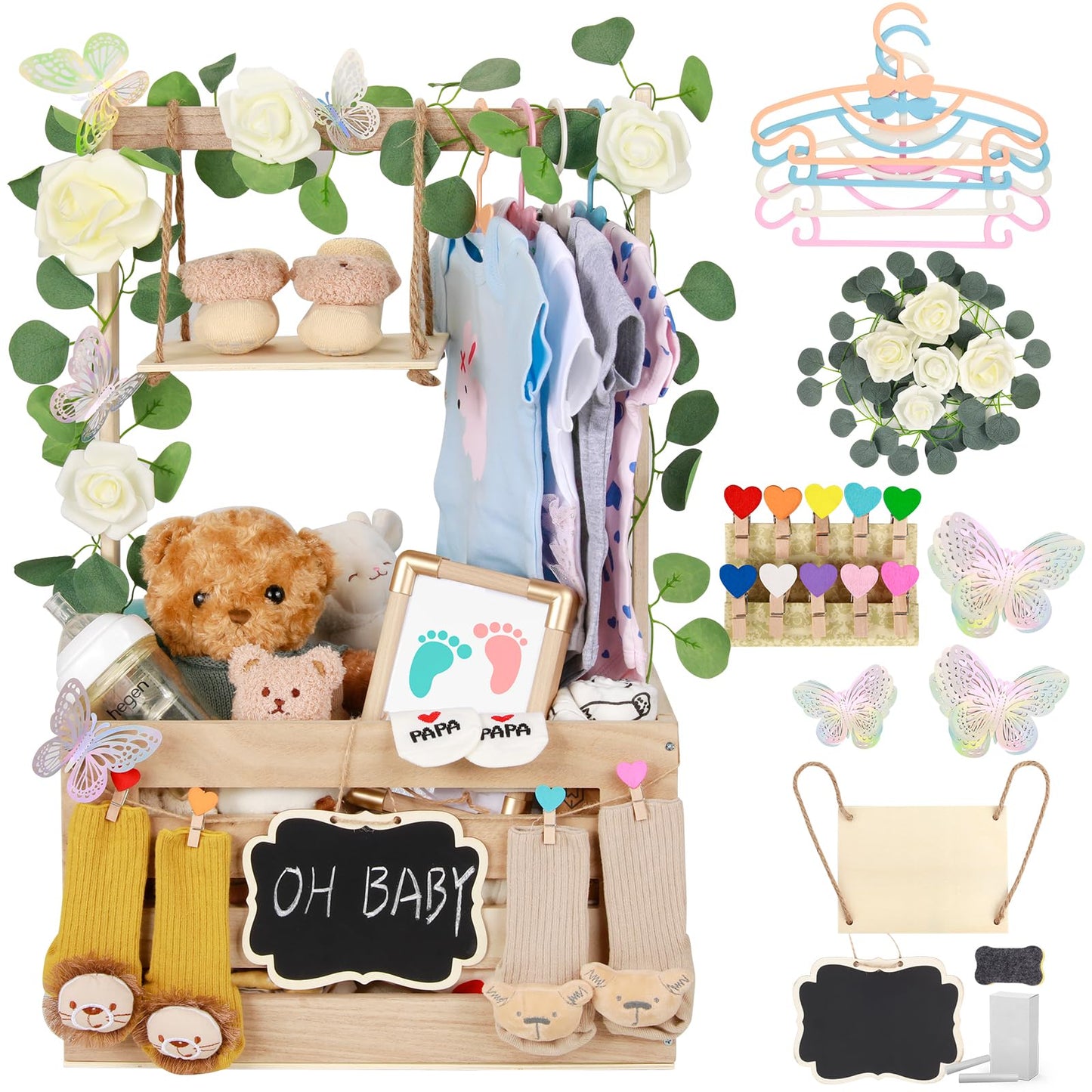 ELESTONE Wooden Baby Shower Crate Closet with Handle, Hangers & Garland, Large Capacity Baby Basket for Baby Shower, Customizable Wooden Crate Box Newborn Parents Welcome Gift (Natural Wood)