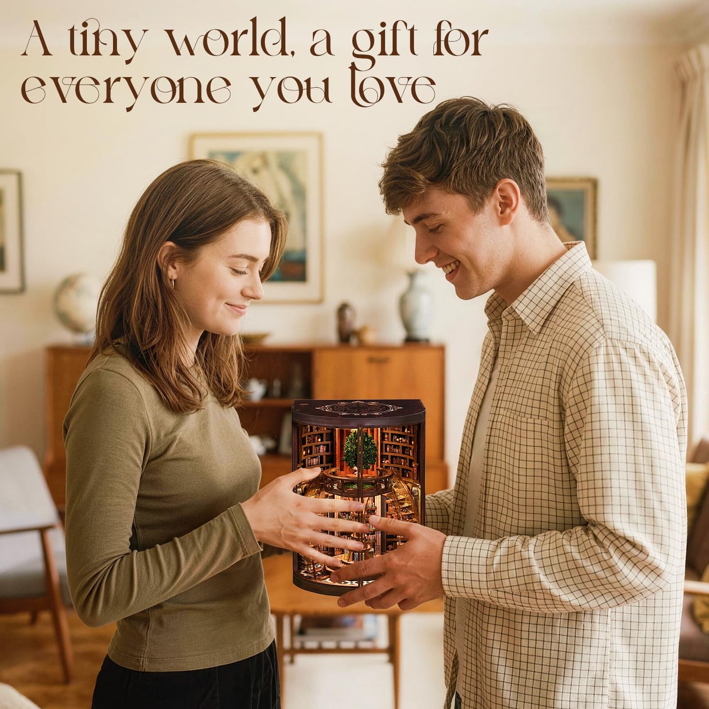Kaayeewood Book Nook Kit, 3D Wooden Puzzles for Adults, DIY Miniature House Kit for Adults, Booknook with LED Light, Gifts for Family, Friends and Book Lovers, Bookshelf Decor(Wisdom Rings)