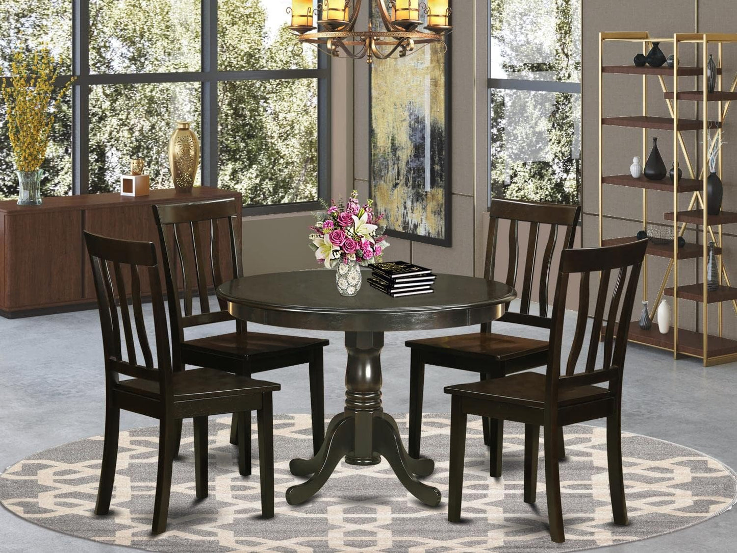 East West Furniture HLAN5-CAP-W 5 Piece Dining Table Set for 4 Includes a Round Kitchen Table with Pedestal and 4 Kitchen Dining Chairs, 42x42 Inch, Cappuccino
