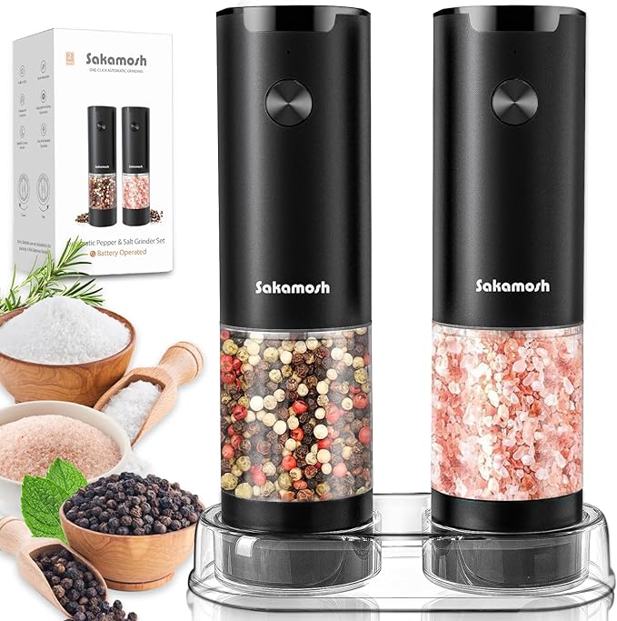 Automatic Salt and Pepper Grinder Set, Battery Operated (Not Included), Adjustable Coarseness with LED Light, ELectric Pepper and Salt Shakers Refillable, 95ml Large Capacity(2 Packs, Black)