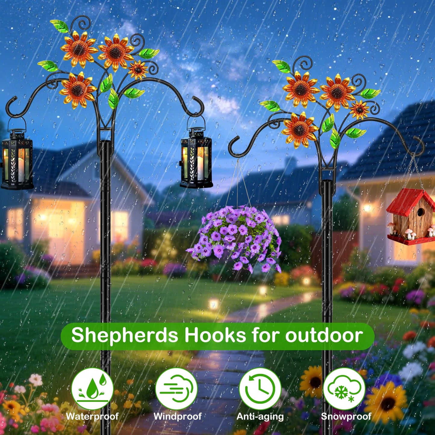 Double Shepherds Hooks for Outdoor, 1 Pack 78 Inch Bird Feeder Pole with 5 Prongs Base, Adjustable Heavy Duty Plant Hangers Sunflower Art for Outdoor Plants Hummingbird Feeder Hanging Basket Lantern