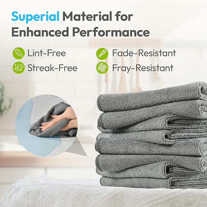 Microfiber Cleaning Cloths 12x12IN 24Pack Grey Lint Free Kitchen Cloths - Extra Thick, Streak-Free, Lint-Free, Fast Absorbent - Reusable Multi-Purpose Housekeeping Rags for Cars, Dishes, Floors, Tiles