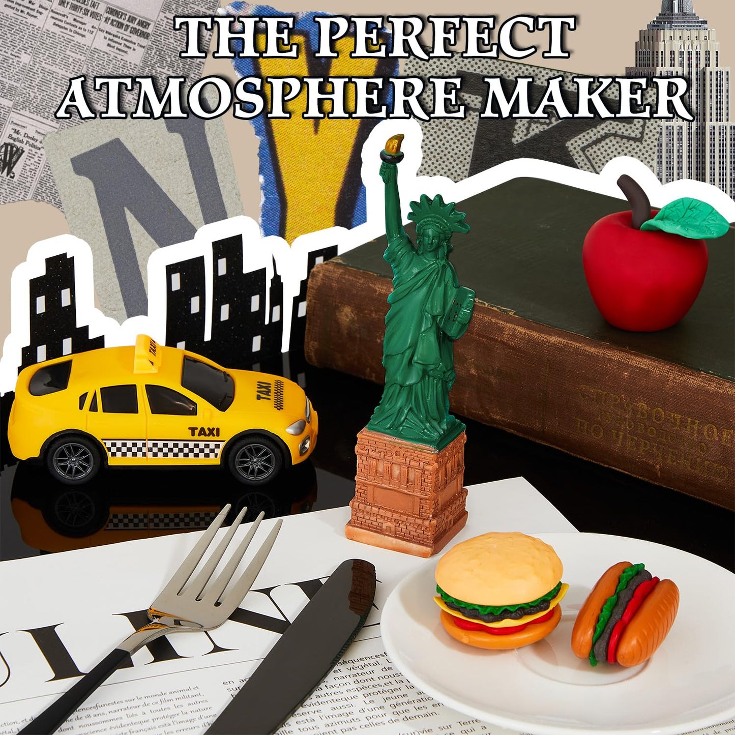 Gemscream 9 Pcs New York Cake Decorations New York Party Decorations Mini Statue of Liberty Yellow Taxi Apple Skyscraper Borders Hot Dogs for American Theme Party Birthday NYC Souvenirs Gift