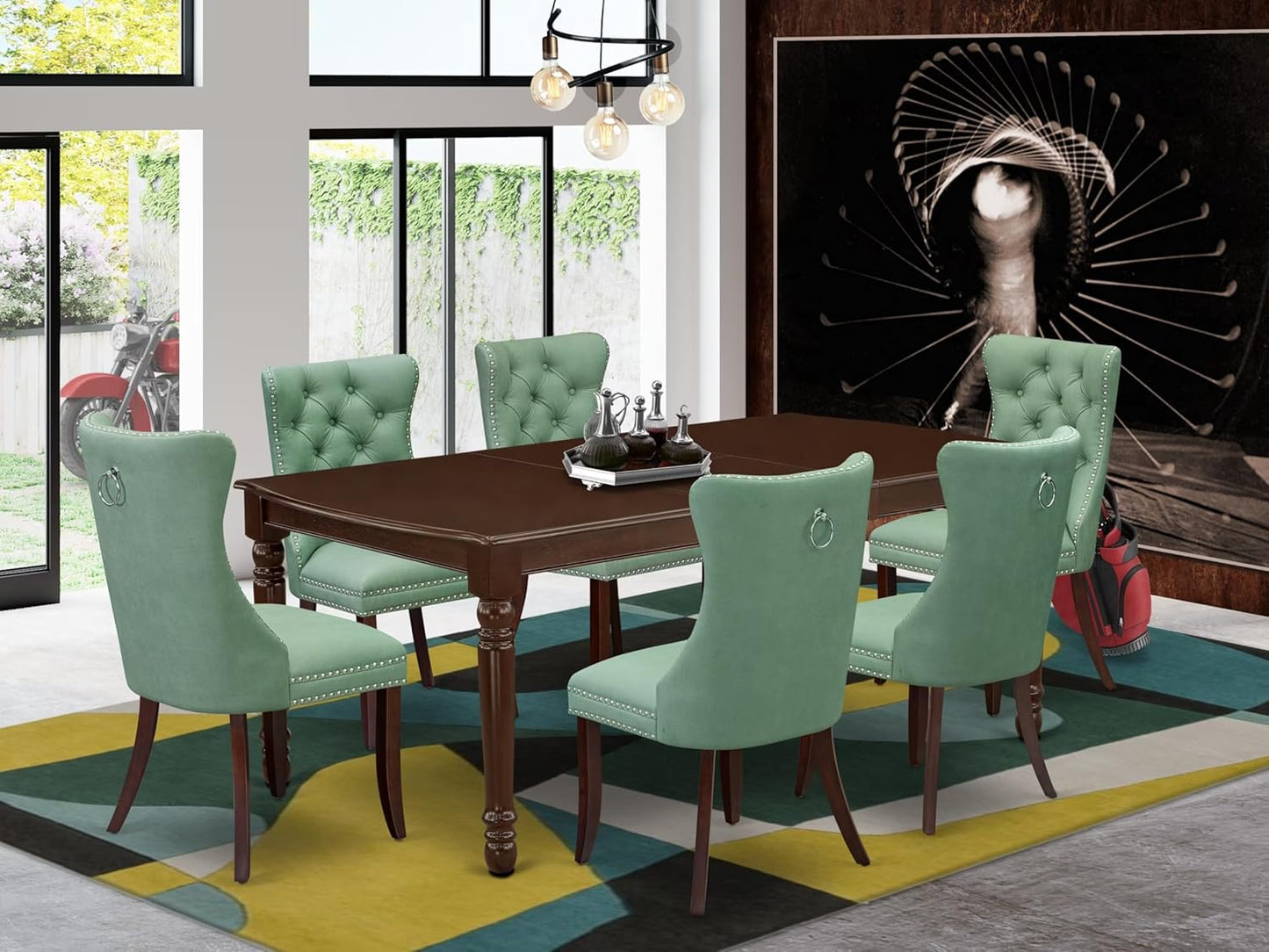 East West Furniture DODA7-MAH-22 7 Piece Dining Set Consists of a Rectangle Wooden Table with Butterfly Leaf and 6 Polyester Fabric Upholstered Chairs, 42x78 Inch, Mahogany