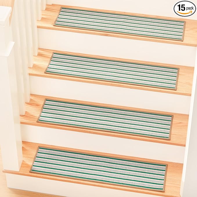 MBIGM 8" X 30" (15 in Pack) Non-Slip Carpet Stair Treads Non-Skid Safety Rug Slip Resistant Indoor Runner for Kids Elders & Pets with Reusable Adhesive - Soft Stripes - Serene Sage