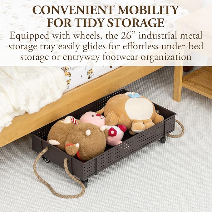 MyGift 26 Inch Industrial Brown Metal Entryway Boot Tray with Wheels and Decorative Rope Handles, Under Bed Storage Shoe Container Cart