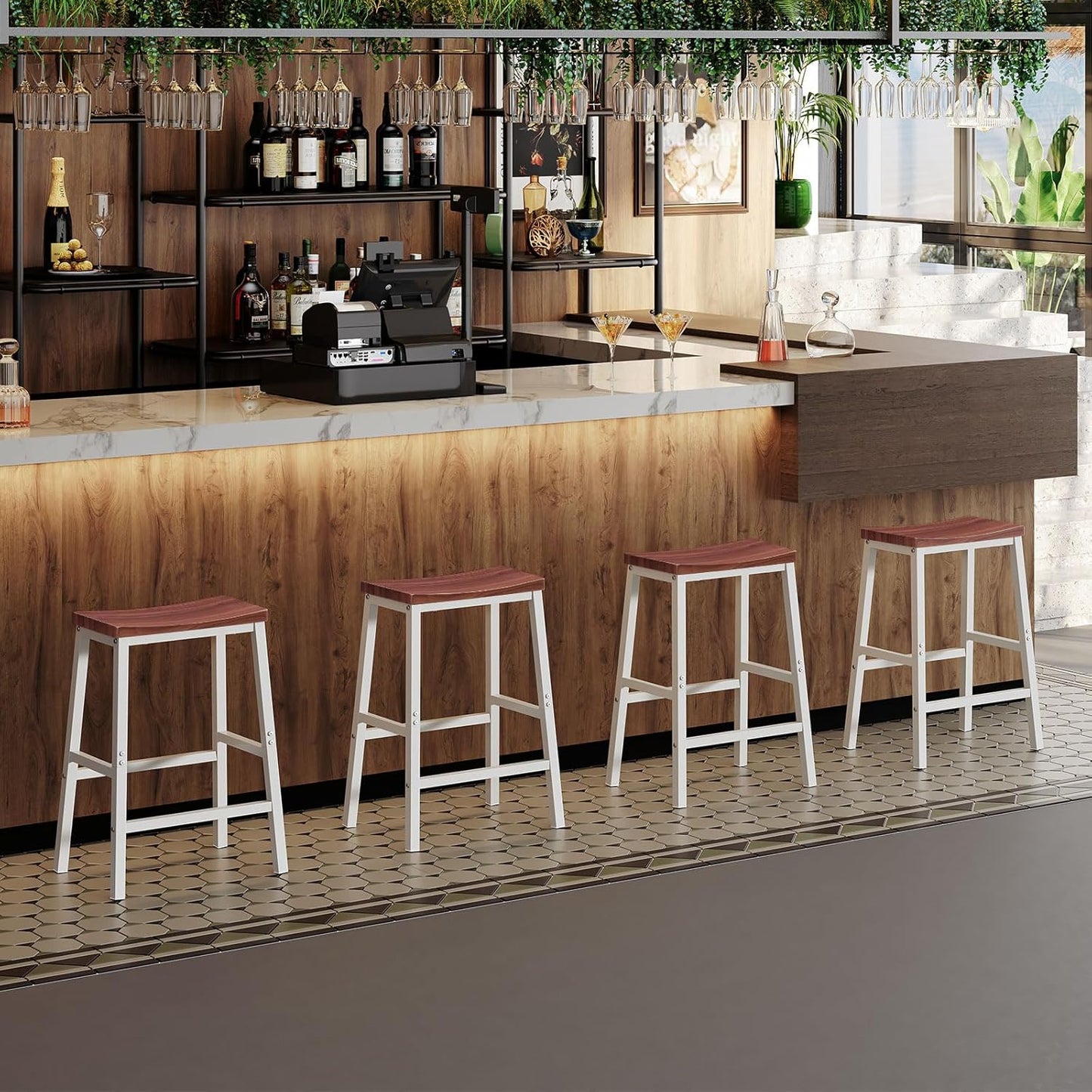 HOOBRO Bar Stools, Set of 2 Bar Chairs, 23.6 Inch Saddle Stools, Kitchen Counter Seat with Footrests, Industrial Barstools for Dining Room, Kitchen, Counter, Bar, Walnut and White HW02MD01