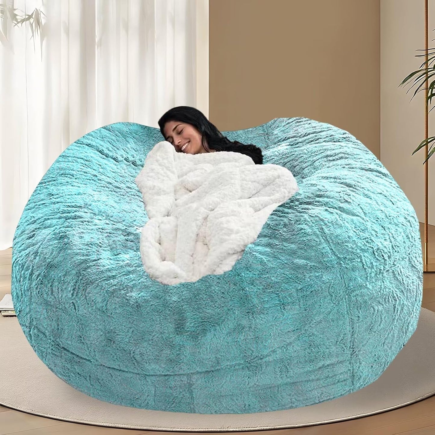 BCU Oversized Bean Bag Cover Comfy Beanbag Chair for Adults Without Filler Faux Fur Floor Chair Lazy Sofa Cover Comfy for Living Room Chairs, Blue Green, 5FT