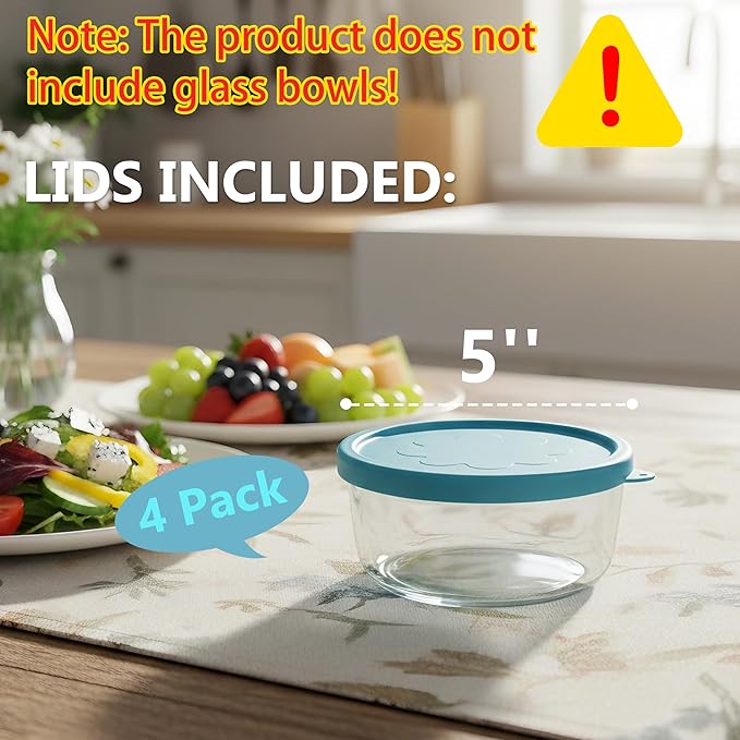 2 Cup Silicone Replacement Lids Storage Cover for Anchor Hocking Glass Bowls (Container not Included) 4 Pack Microwave, Dishwasher and Freezer Safe