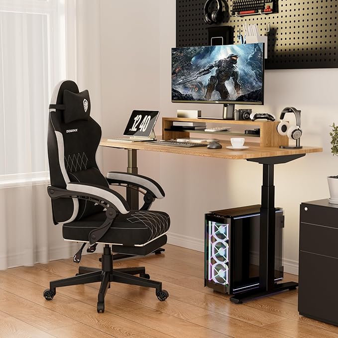 Dowinx Gaming Chair, Fabric Gaming Chairs for Adults with Pocket Spring Cushions and Lumbar Support, Ergonomic Massage Office Chair High Back with Footrest and Linkage Armrests, Black