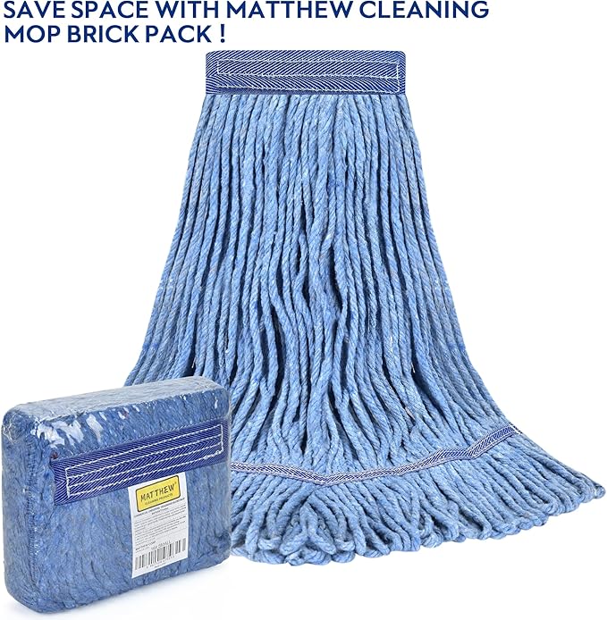 Matthew Cleaning Heavy Duty Mop Head Commercial Grade Replacement for General and Floor Cleaning, Wet Industrial Blue Cotton Looped End String Head Refills (Case of 24) Blue