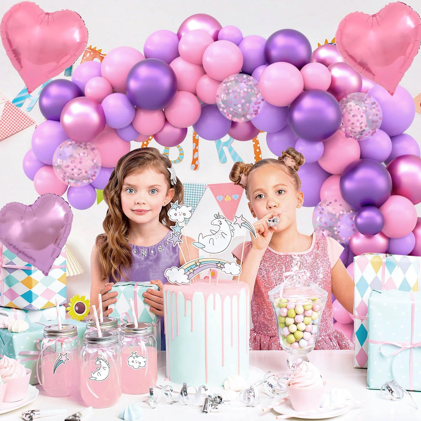 Pink Purple Balloon Garland Arch Kit,160Pcs Metallic Purple Magenta Balloons Pink and Purple Confetti Balloons with Heart Foil Balloon for Girl Birthday Bridal Baby Shower Party Decoration