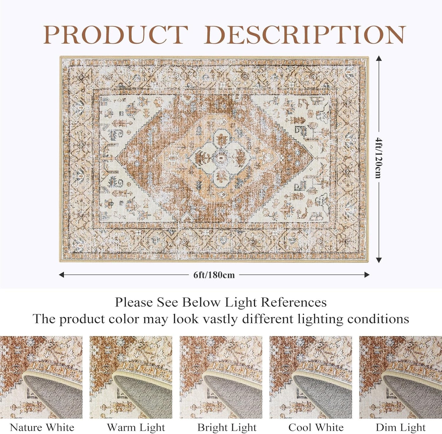 Lahome Boho Area Rug for Living Room - 4x6 Rug Washable Non-Slip Throw Bedroom Rug Lightweight Non-Shedding Large Kitchen Carpet, Oriental Distressed Print Carpet for Office Classroom Dining Room