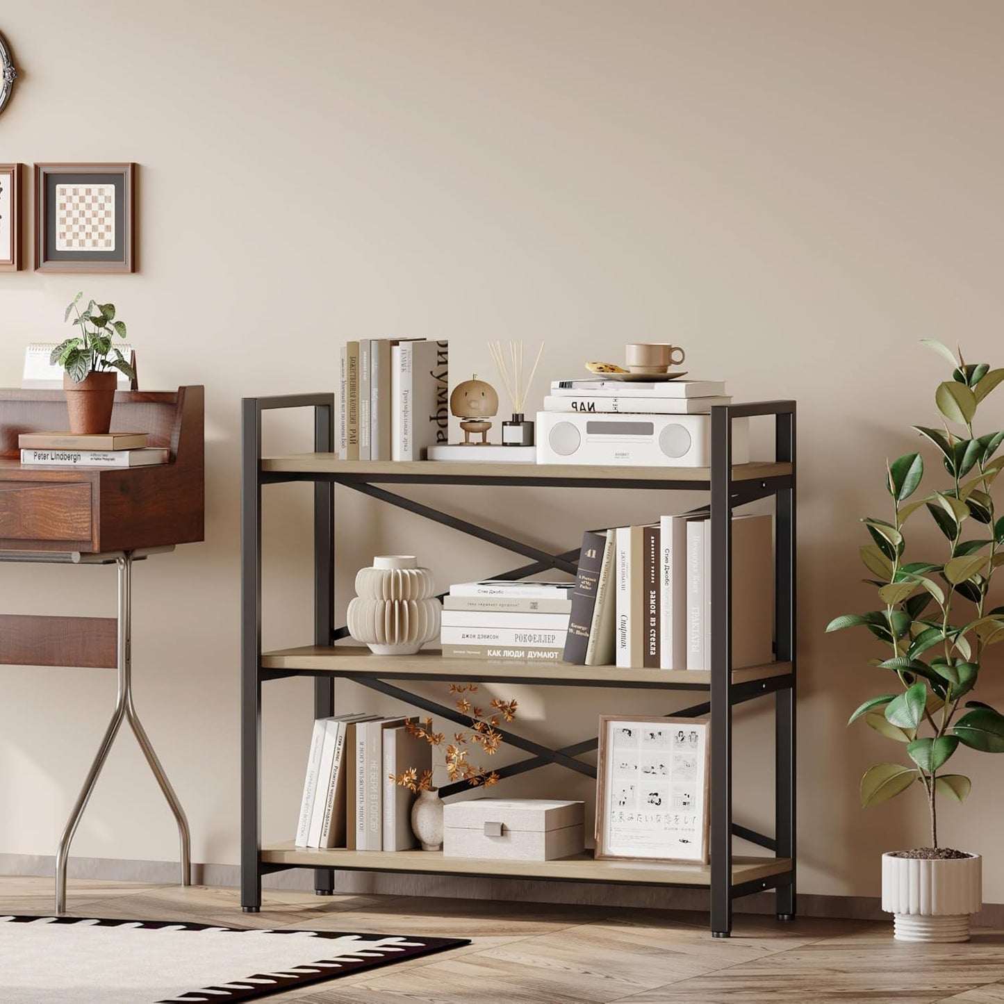 Homeiju 3 Tier Bookshelf 31.49" Width, Wood and Metal Etagere Bookcase, Vintage Farmhouse Modern Wooden Big Book Shelf for Home Living Room Bedroom Office Storage(Light Coffee)