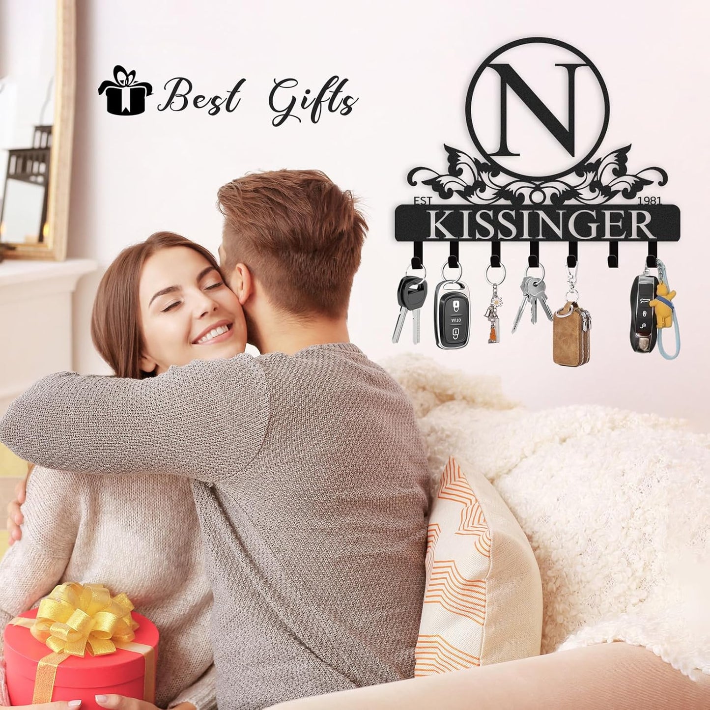 Personalized Key Holder for Wall, Key Holder Wall Mount, Custom Name Coat Rack, Background Letter Theme Wall Decoration for Bedroom Kitchen Entryway Hallway Front Door, Housewarming Gifts