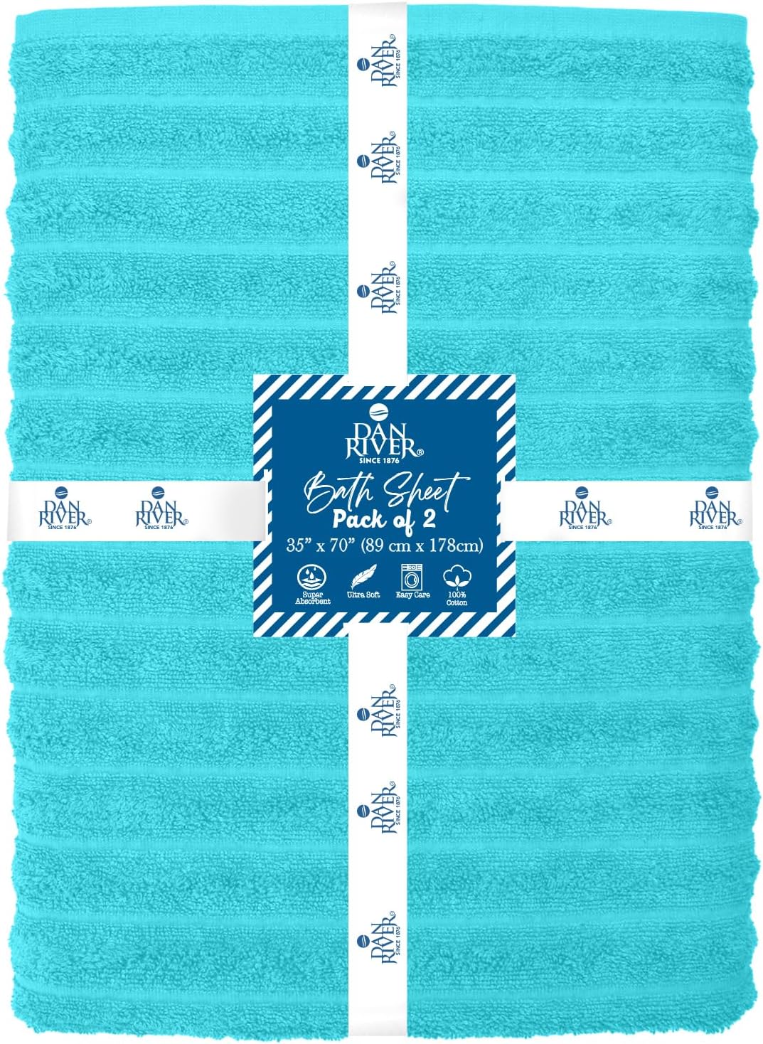 DAN RIVER Pack of 2 Bath Sheet 35x70 Inches, Ribbed Jumbo Bath Sheets for Adults, Thick and Absorbent Large Towels - Aqua