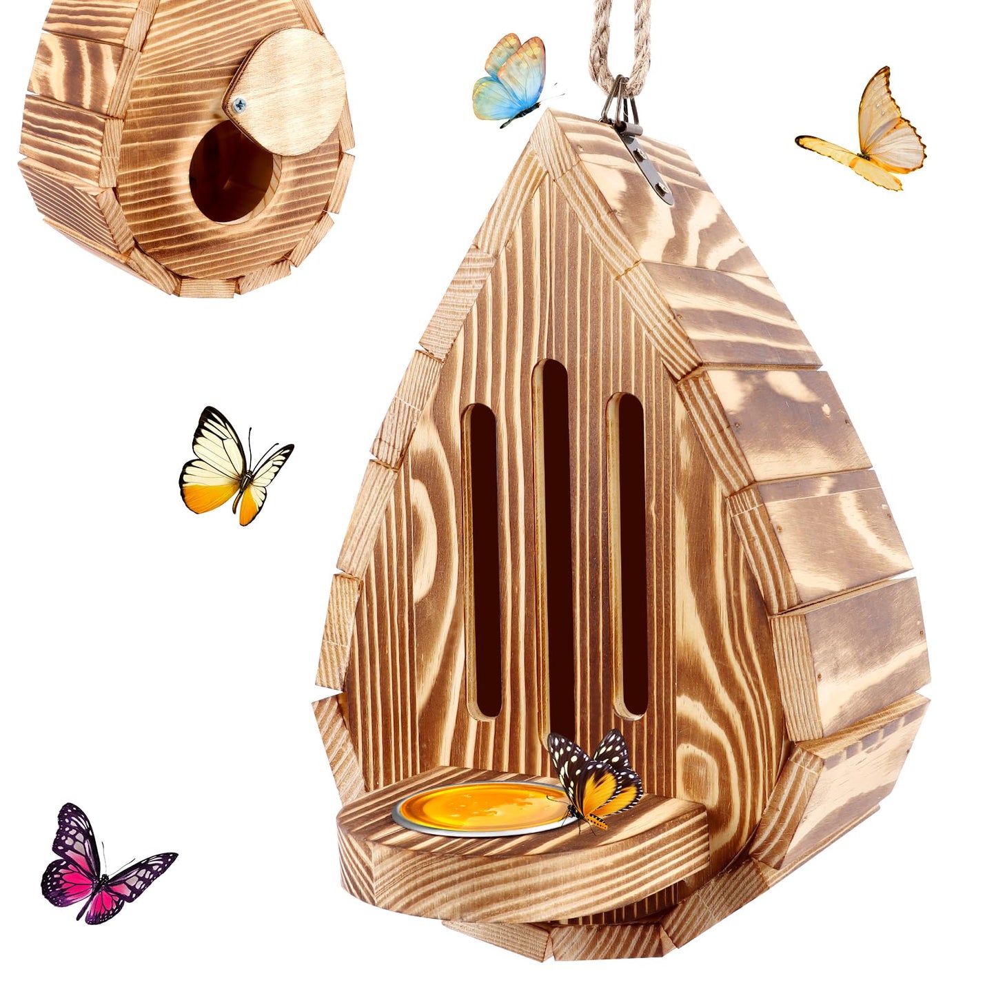 Wooden Butterfly House and Feeder, Hanging Butterfly House for Garden, Natural Butterfly Habitat with Butterfly Puddler for Outside Butterflies, Moths - Backdoor, Easy to Clean