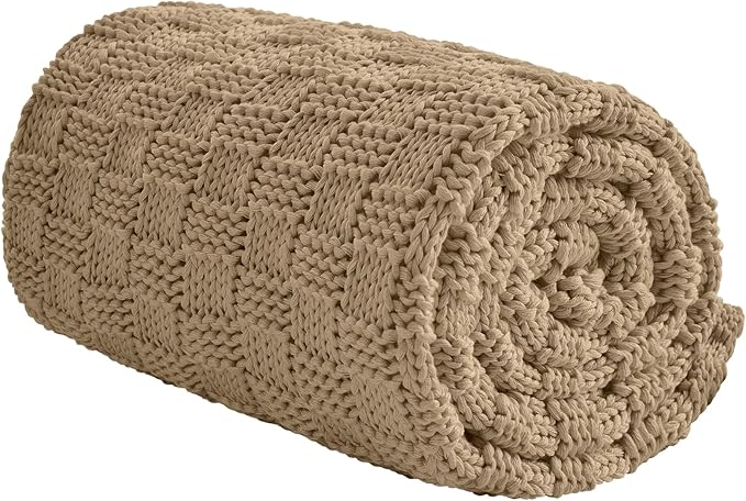 Knitted Weighted Blanket for Adult, No Beads Heavy Blanket 60” x 80'' 17lbs, Breathable Chunky Knit Blanket, Cooling Weighted Blanket for Hot Sleepers, Christmas Home Decor (Camel)