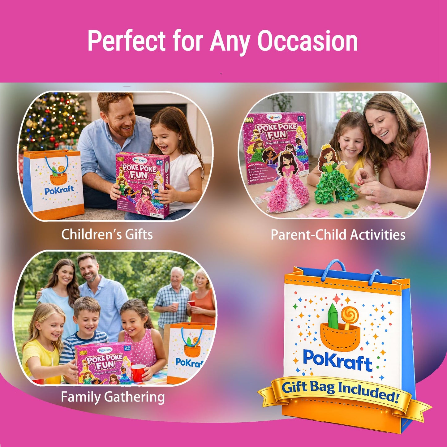 PoKraft Magical Princesses Poke Art, Paper Craft Kit with Gift Bag, Mess-Free Fun for Kids 3-9, Colorful DIY Activity Toys Games, Perfect Birthday Gifts for Girls, Builds Fine Motor Skills