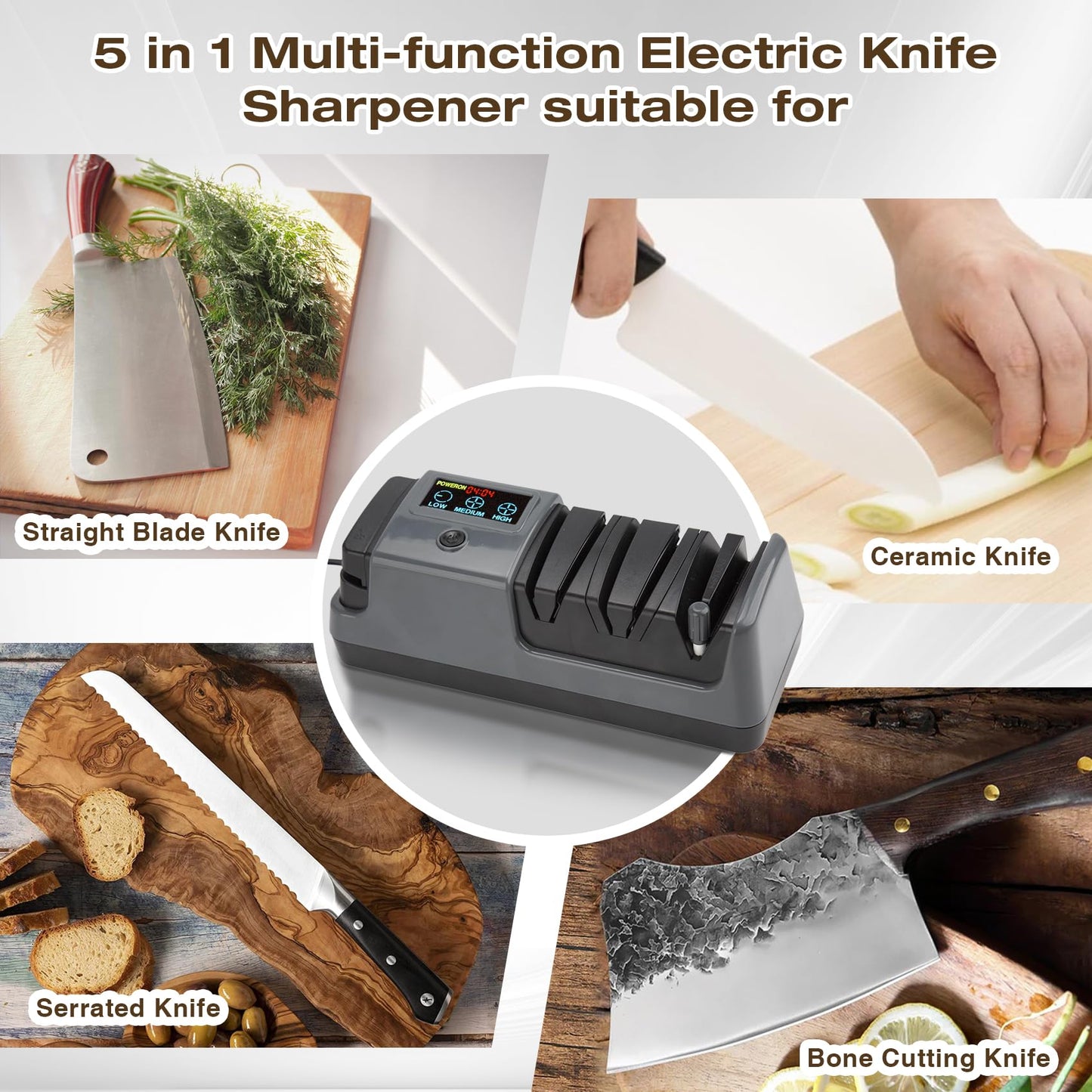 Ceelpeopar Professional 3-Stage Electric Knife Sharpener for Kitchen Knives, LCD Screen, 100% Diamond Abrasive, Adjustable Rotational Speed, Precision Angle Guides for All Kitchen Knives