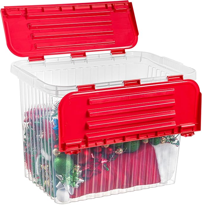 Superio Christmas Storage Box with Red Hinged Lids, Plastic Container Bins for Organizing with Attached Lid, Stackable Crates, BPA Free, Organizers for Home and Office, 53Quart (20.25"x14"x14.6")