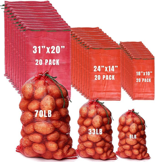 60 Pack 3 Sizes Mesh Onion Bags (18"x10", 24"x14", 31"x20"), Reusable Drawstring Fresh Produce Storage Bags for Onions, Vegetables, Potatoes, Citrus, Crawfish Firewood