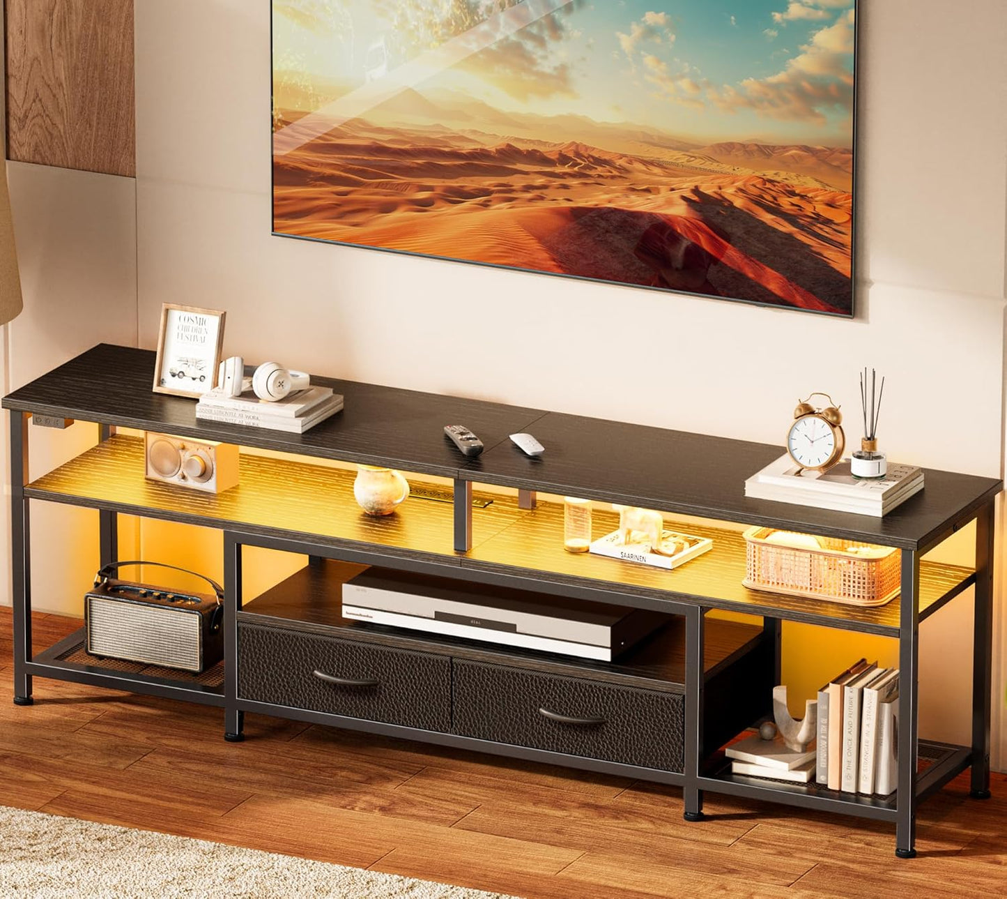 Huuger TV Stand for 65 70 Inch TV, Entertainment Center with Power Outlets and LED Lights, TV Console for Living Room, Media Console with Drawers and Shelves, Black