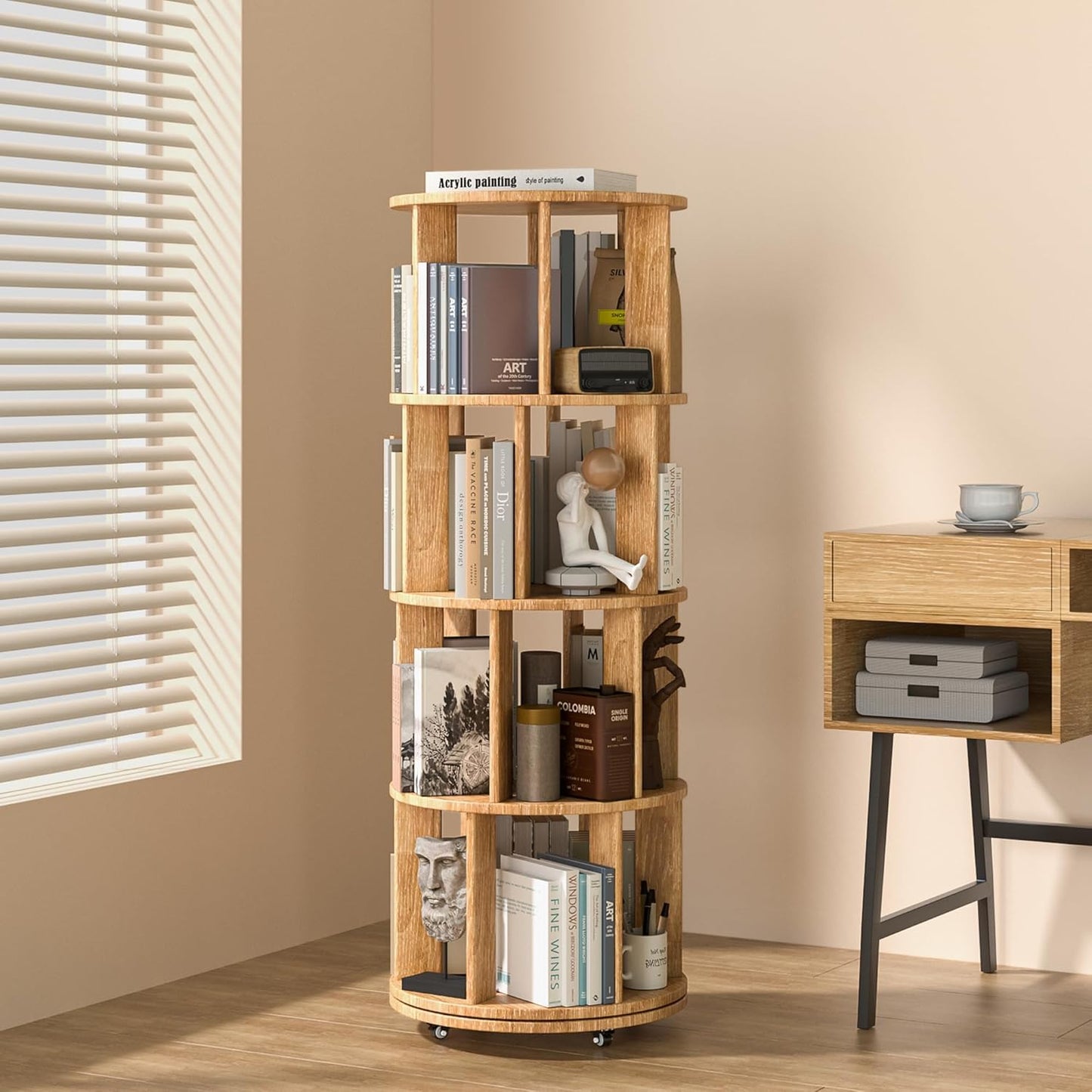 4 Tier Rotating Bookshelf Tower, 360 Spinning Bookcase Carousel with Lockable Wheels, Round Lazy Susan Organizer for Corner Bookshelf, Solid Wood Revolving Bookcase for Kids Room, Bedroom, Living Room
