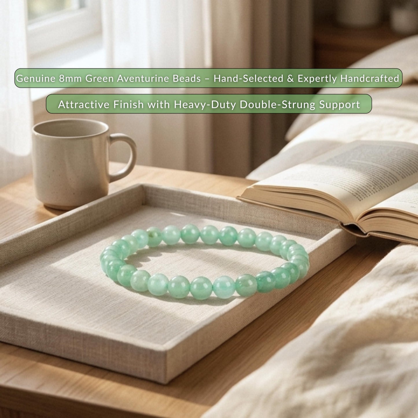 Cherry Tree Collection Green Aventurine Beaded Bracelet – Genuine 8mm Gemstone Stretch Bracelet for Men & Women – Handmade Crystal Bracelet - (Green Aventurine - M)