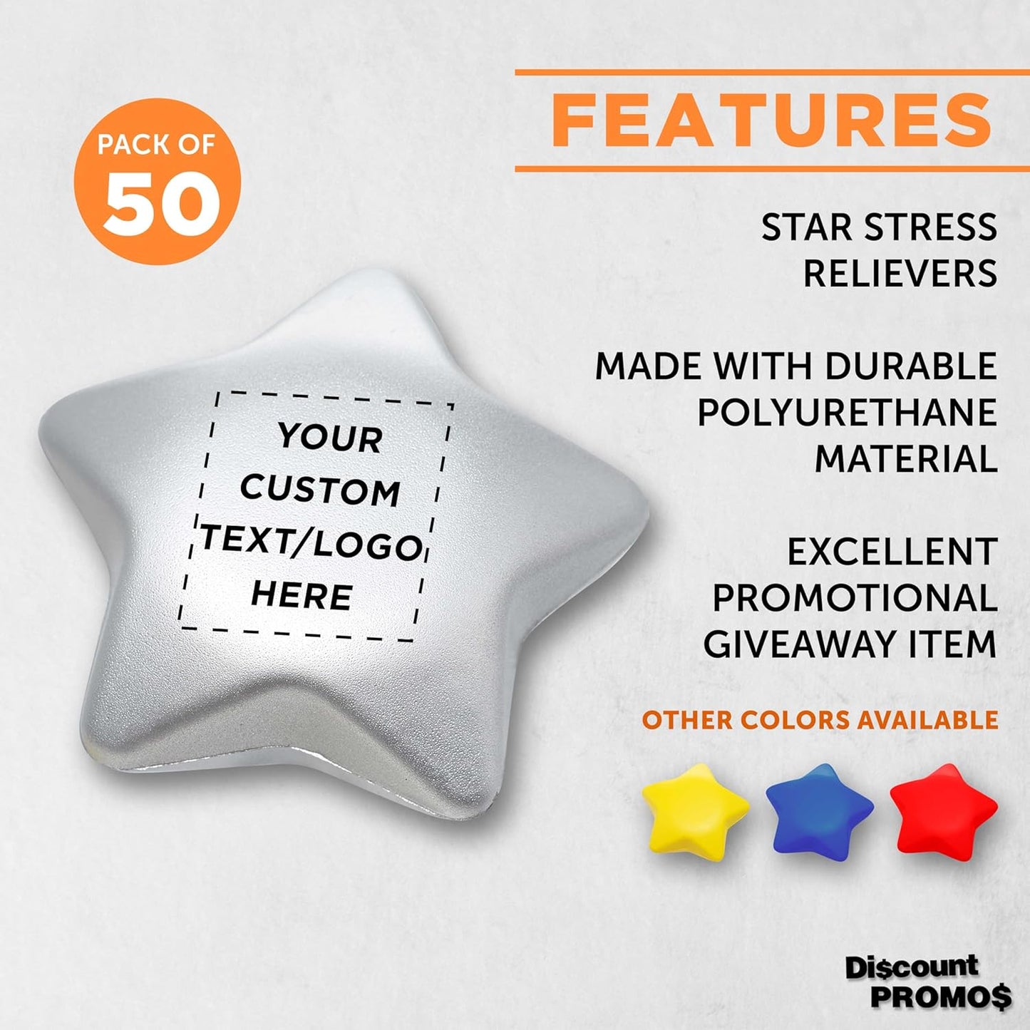 DISCOUNT PROMOS Custom Star Squeeze Balls Set of 50, Pesonalized Bulk Pack - Perfect for Promotional Giveaways - Silver