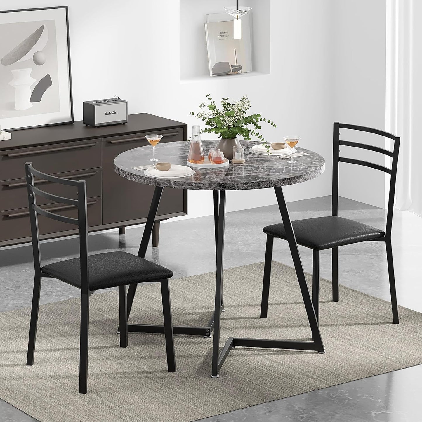 VECELO Small Round Dining Table Set for 2, Wood Tabletop with Strong Metal Frame, Modern Dinette with Chairs for Kitchen, Breakfast Nook Living Room, Faux Marbled & Grey