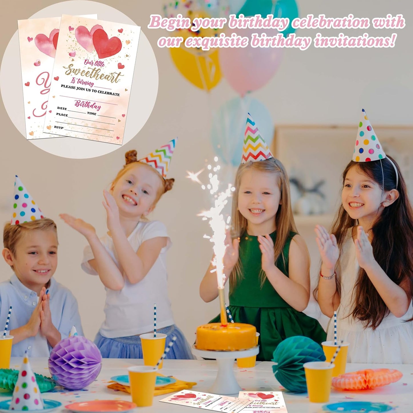 Sweetheart Birthday Invitations, 20 Invitation Cards with Envelopes, Pink Gold Hearts Valentine's Invites for Party Decorations Favor Supplies - A08