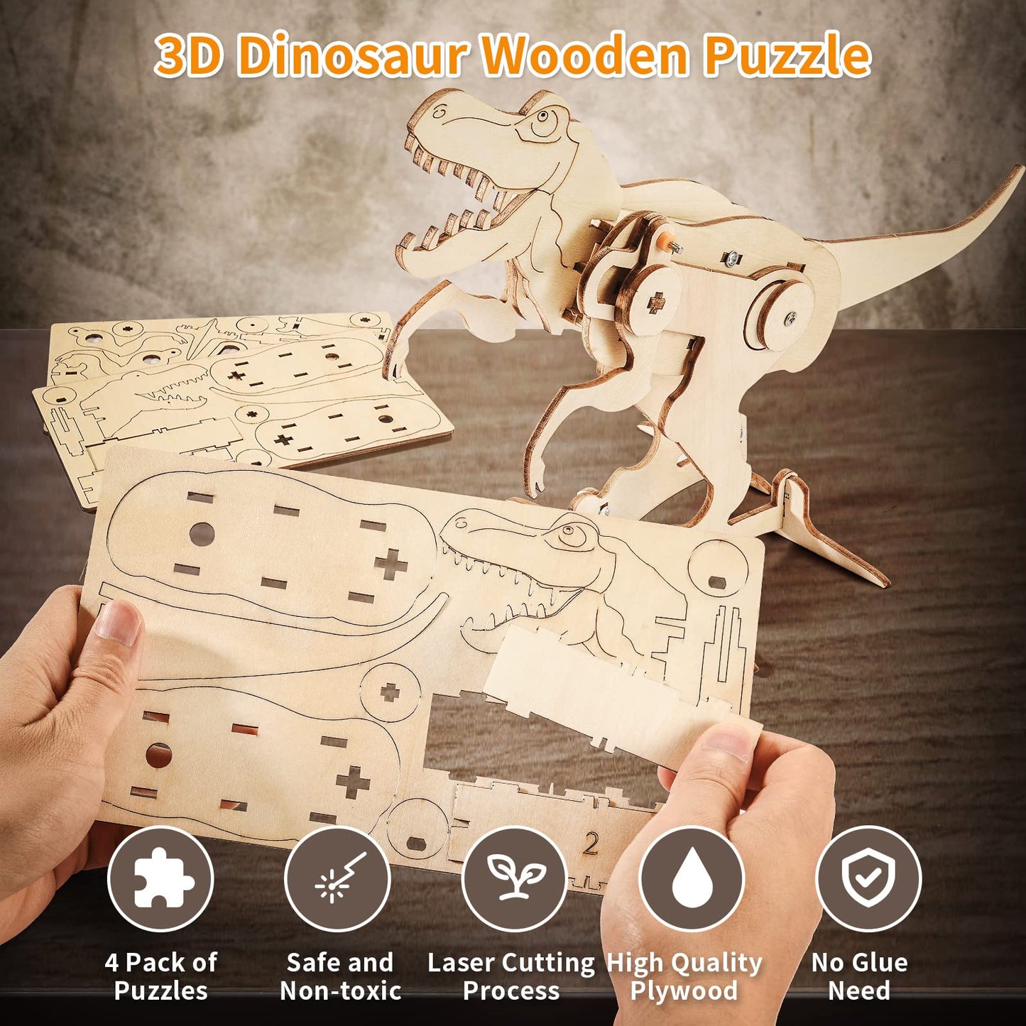 Dinosaur STEM Kits for Kids Ages 8-10-12, 4 in 1 Wood Building Toys for Boys Age 8-12, Build It Yourself Woodworking Kit, DIY 3D Wooden Puzzles Model Science Crafts for Kids, Stem Projects