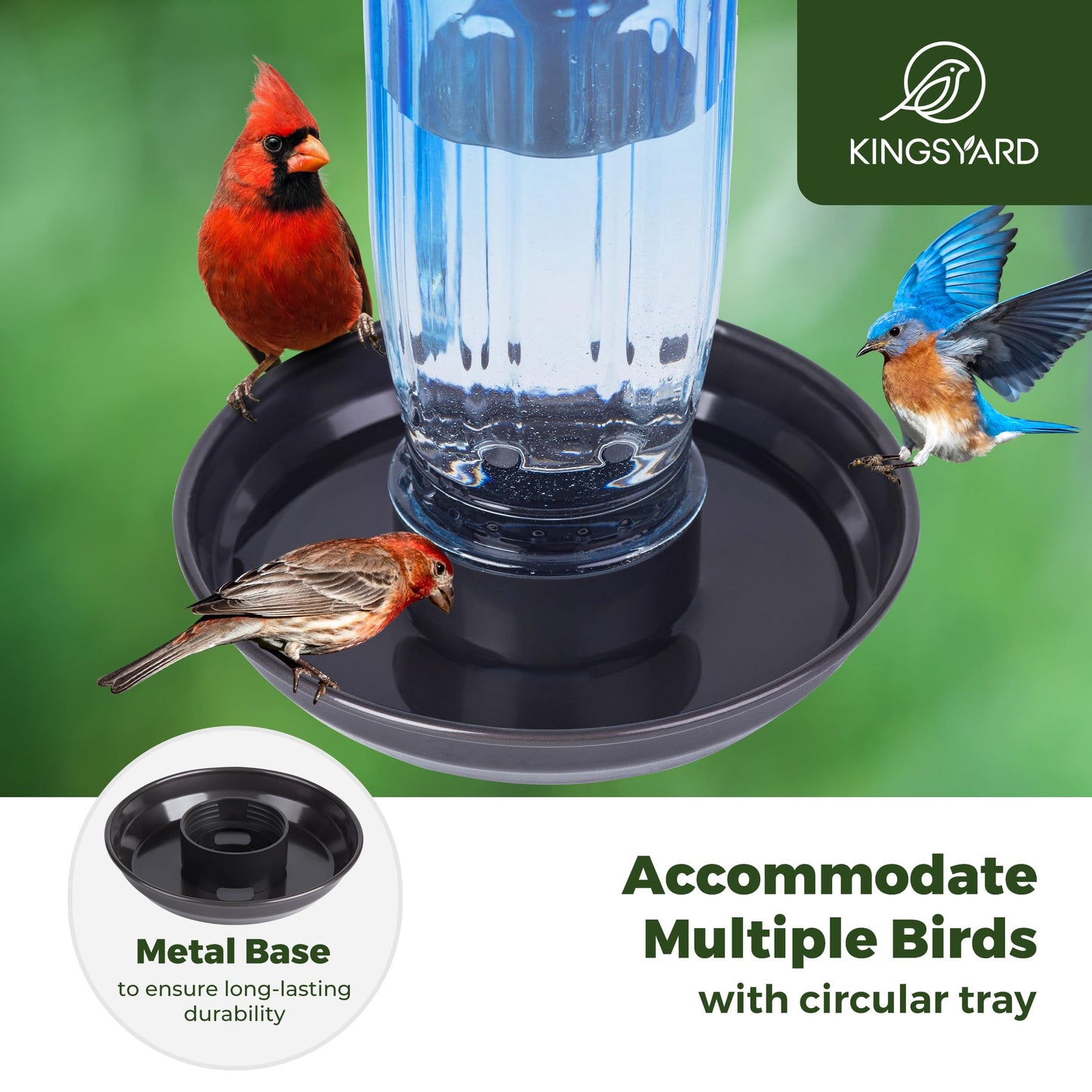 Kingsyard Glass Bird Water Dispenser for Outdoor, 16 Oz, Bird Water Feeder with Metal Hanging for Garden Yard Fence Decoration Hummingbird Cardinal Bluebird Finch, Blue