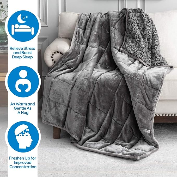 Cottonblue Weighted Blanket 12 lbs Queen Size, Flannel Shaggy Sherpa Weighted Blanket for Adults Comfortable Weighted Blankets for Calming and Relax, Bed Sofa Heavy Blankets, 60x80 inches, Grey
