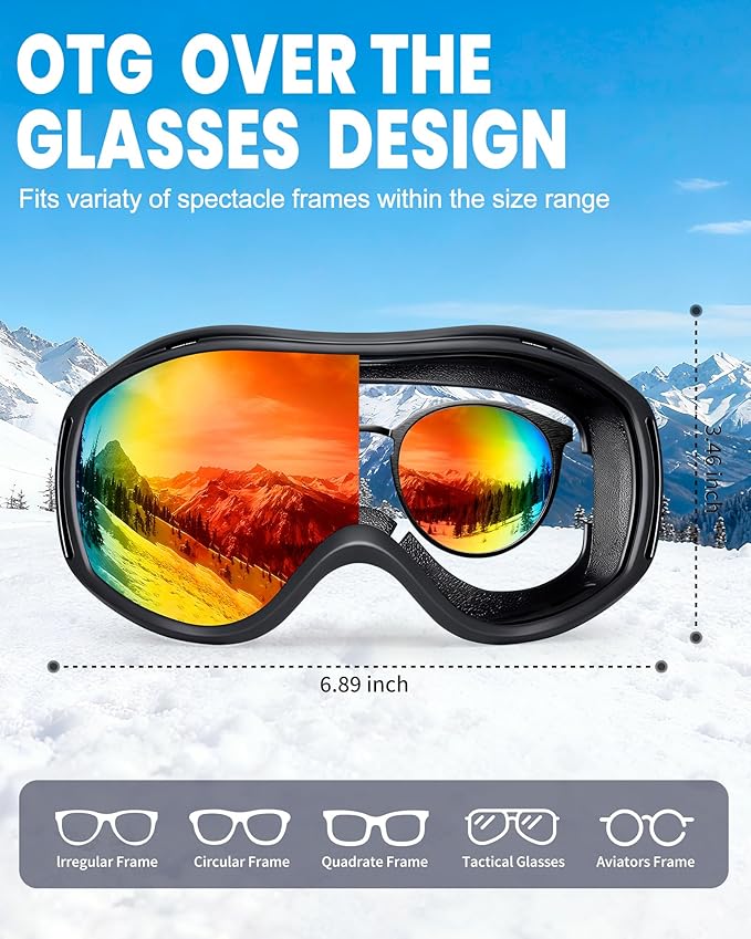 AVV Ski Goggles UV Protection, Anti-Fog Snowboard Snow Goggles OTG for Men Women Adults & Youths
