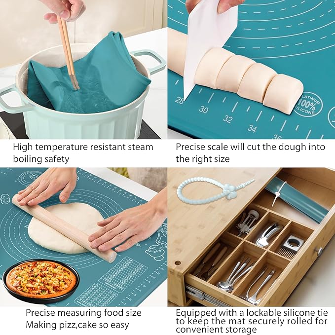 Silicone Pastry Mat 32" x 24" Extra Thick Non Stick Baking Mat with Measurements and Edge Heightening, Food Grade Silicone Rolling Mat for Pastry, Bread, Cookies, Pizza, Fondant, Pasta