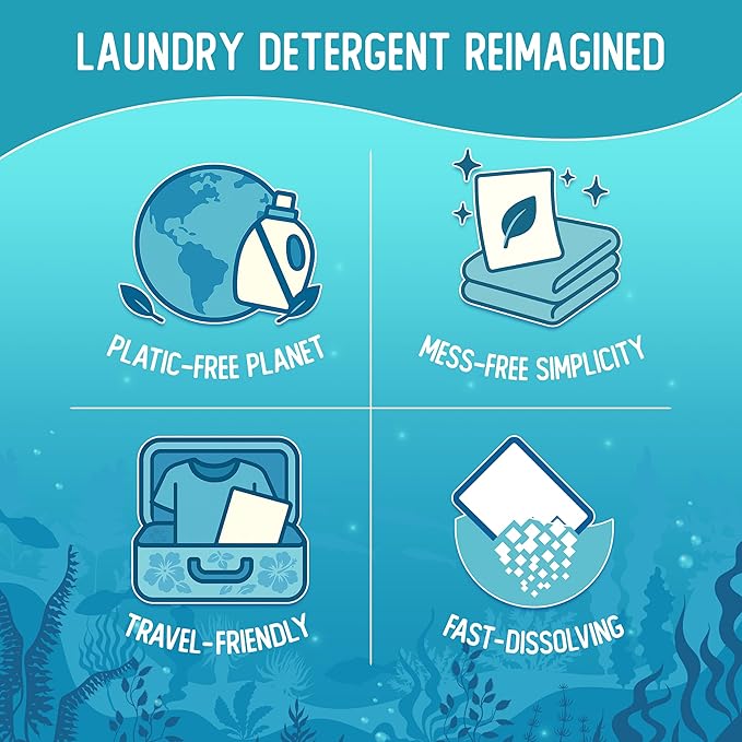 Reef Sheets Laundry Detergent Sheets, 64 loads, Hypoallergenic & Plastic-Free Eco-Friendly Packaging, Gentle on Skin, Tough on Stains, Travel-Friendly, Coastal Calm Linen Scent, 32 ct
