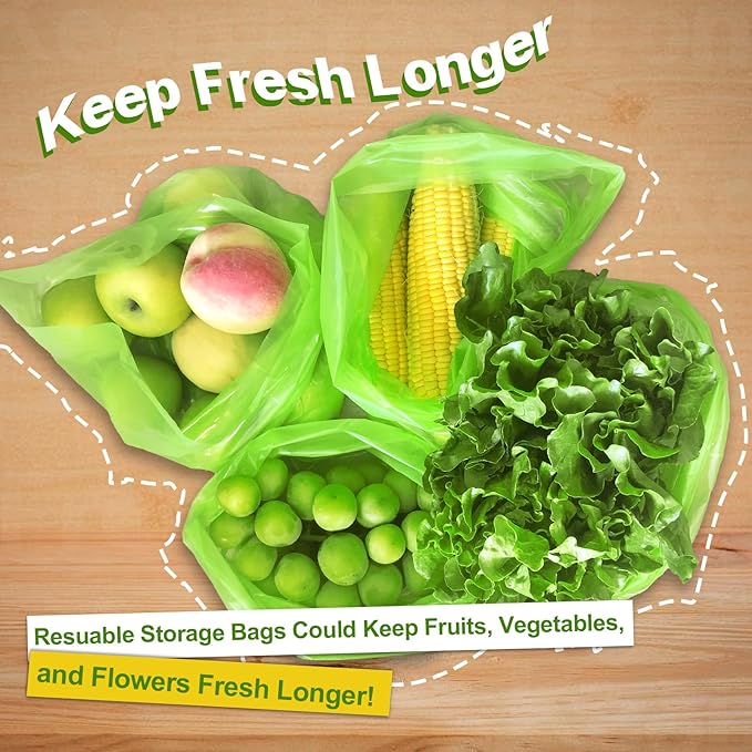 Green Fresh Bags, Keep it Fresh Produce Bags Reusable Green Fresh Bags Keeps Fruits, Vegetables and Cut Flowers, Fresh Longer, BPA-Free (20 Pack)