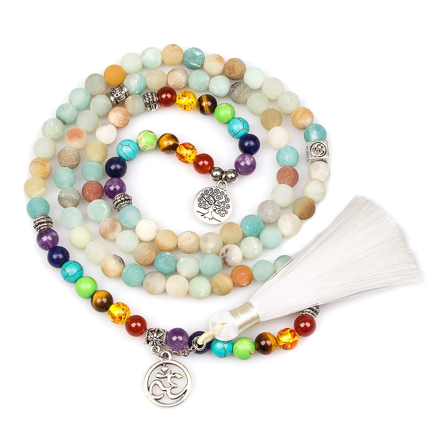 PWMENLK 108 Mala Beads Necklace 7 Chakra Buddhist Prayer Beaded Bracelet Tree of Life Pendant Stone Yoga Necklace(tassel amazonite)