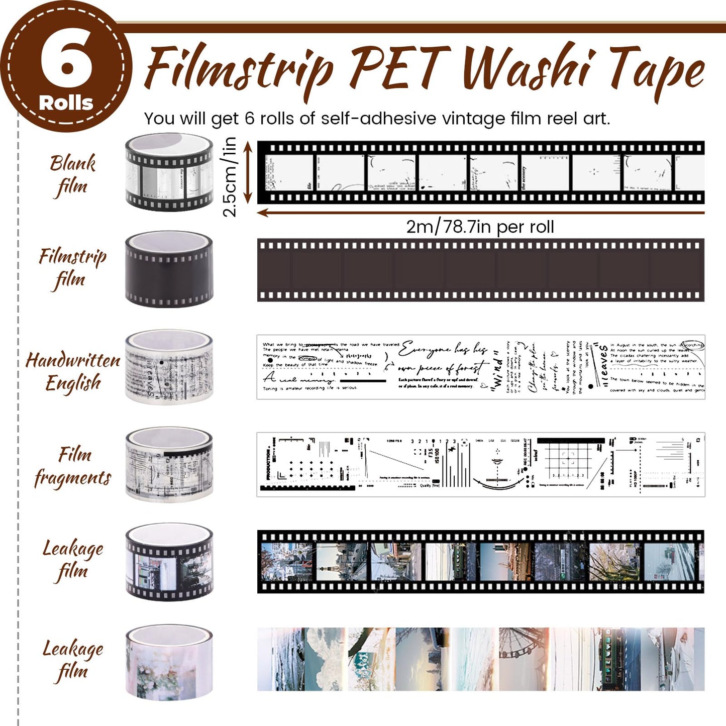 LELE LIFE 6 Rolls Filmstrip PET Washi Tape, Self-Adhesive Retro Movie Film Reel Art Decorative Tape Stickers for Journaling, Scrapbooking, Crafts, Diaries, Junk Journal Supplies