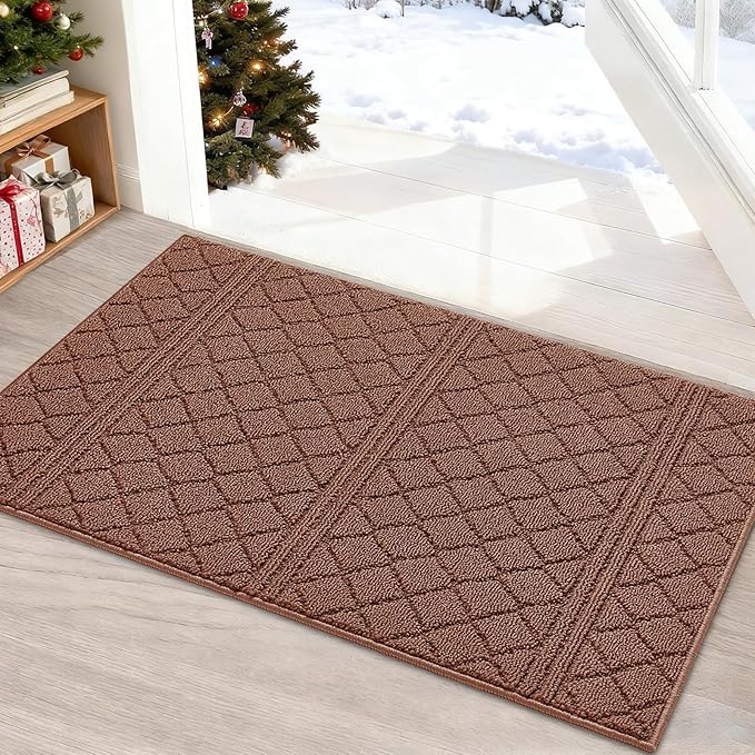 REFETONE Indoor Doormat, Front Back Door Mat 24"x36" Rubber Backing Non Slip Mats, Absorbent Resist Dirt Entrance Rugs for Entryway, Washable Low-Profile Inside Floor Mat for Muddy Shoes, Chocolate